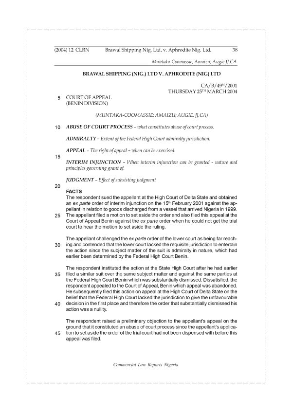 Brawal Shipping Nig. Ltd v. Aphrodite Nig. Ltd