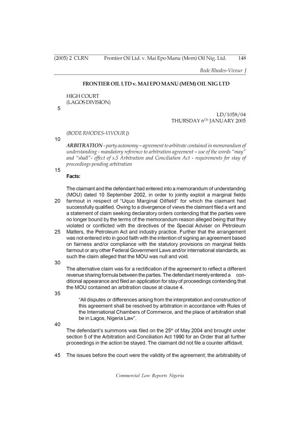 Frontier Oil Ltd v. Mai Epo Manu (Mem) Oil Nig. Ltd