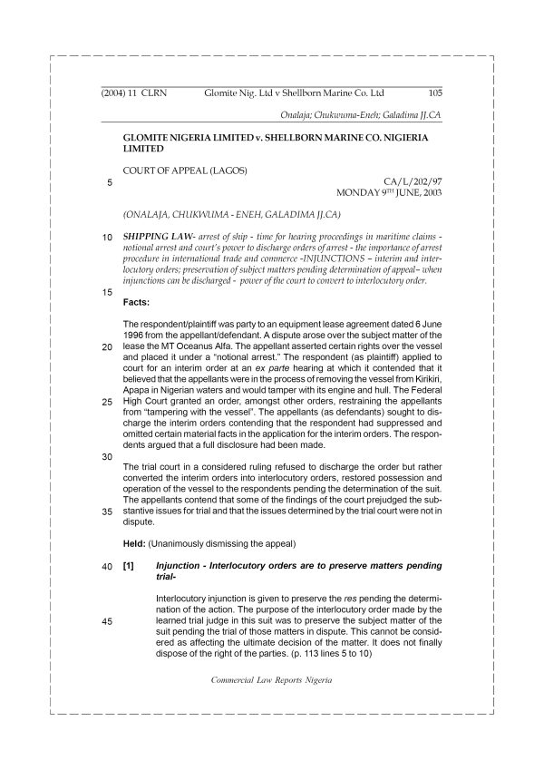 Glomite Nigeria Ltd v. Shellborn Marine Co. Nig. Ltd