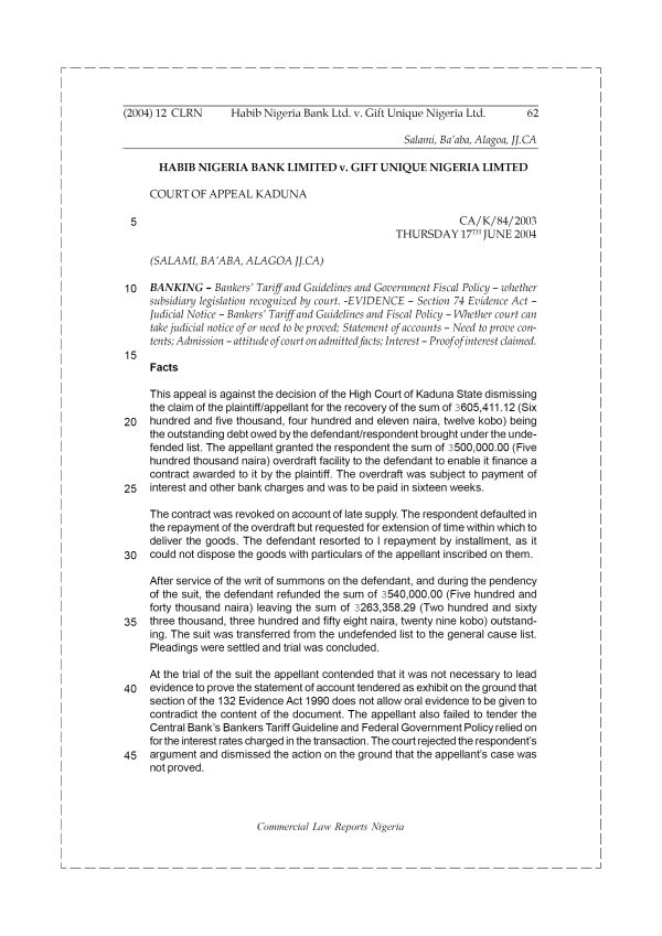 Habib Nigeria Ban Ltd v. Gift Unique Nig. Ltd