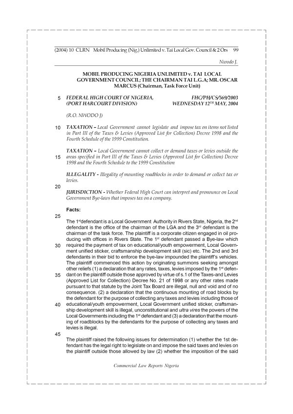 Mobil Producing (Nig) Unlimited v. Tai Local Government Council & 2 Ors
