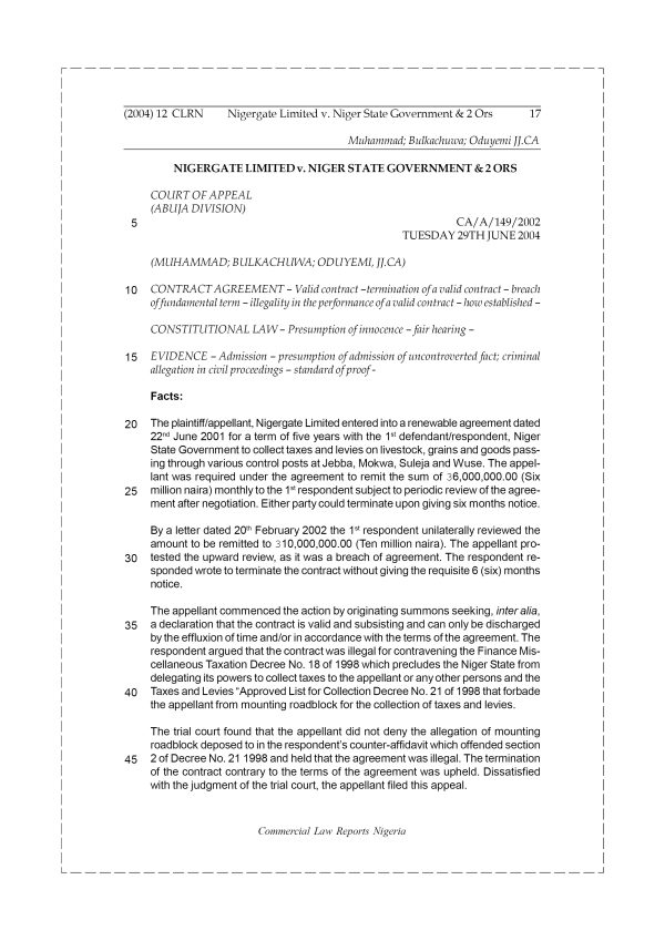 Nigergate Limited v. Niger State Government & 2 Ors