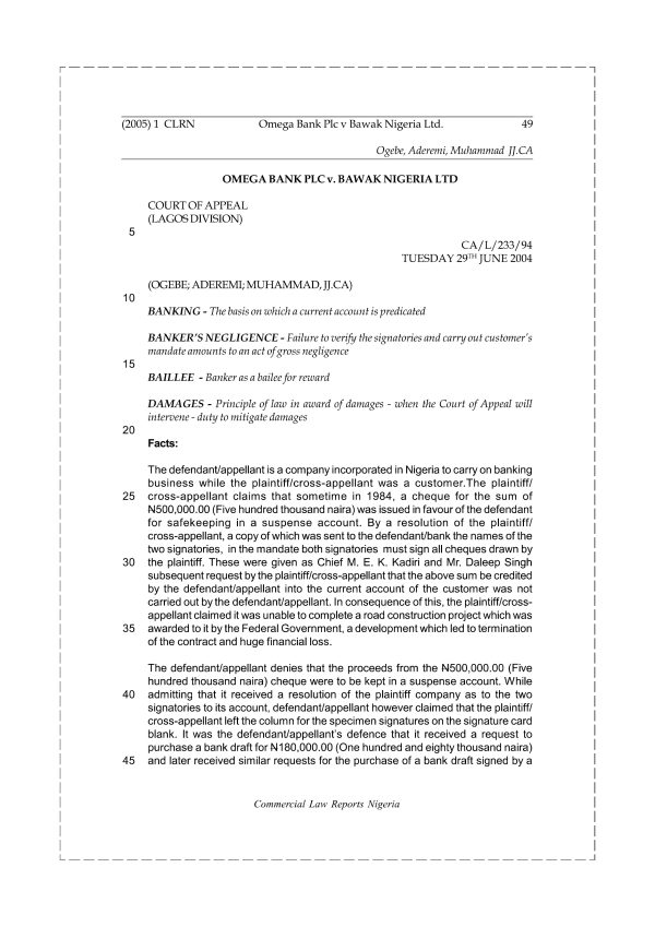 Omega Bank Plc v. Bawak Nigeria Ltd