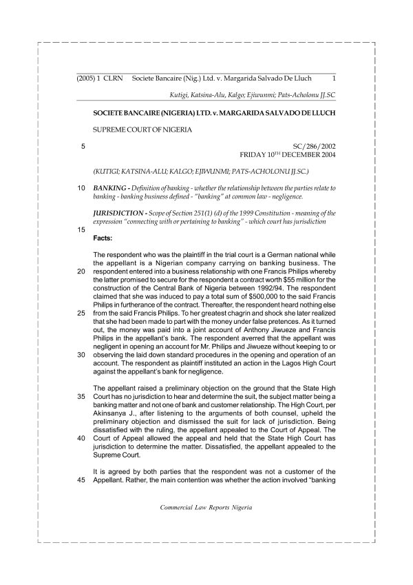 Societe Bancaire (Nig) Ltd v. Margarida Salvado DeLluch