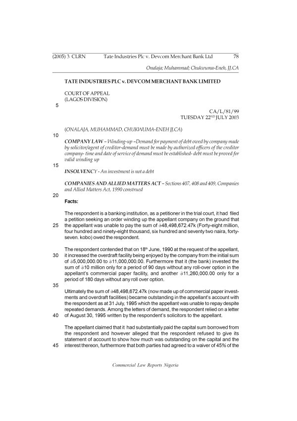 Tate Industries Plc v. Devcom Merchant Bank Ltd