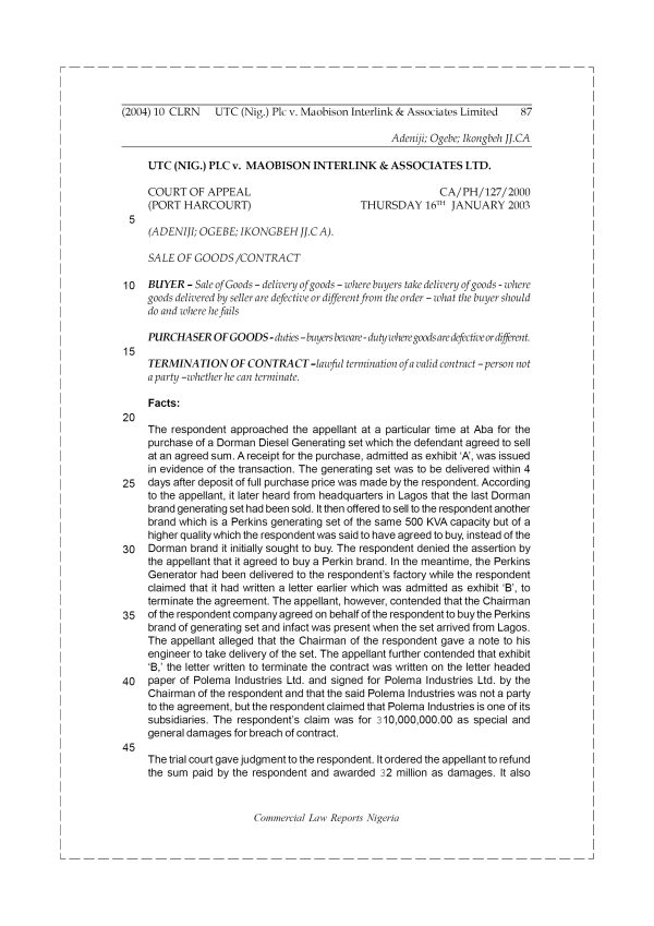 UTC (Nig) Plc v. Maobison Interlink & Associates Ltd