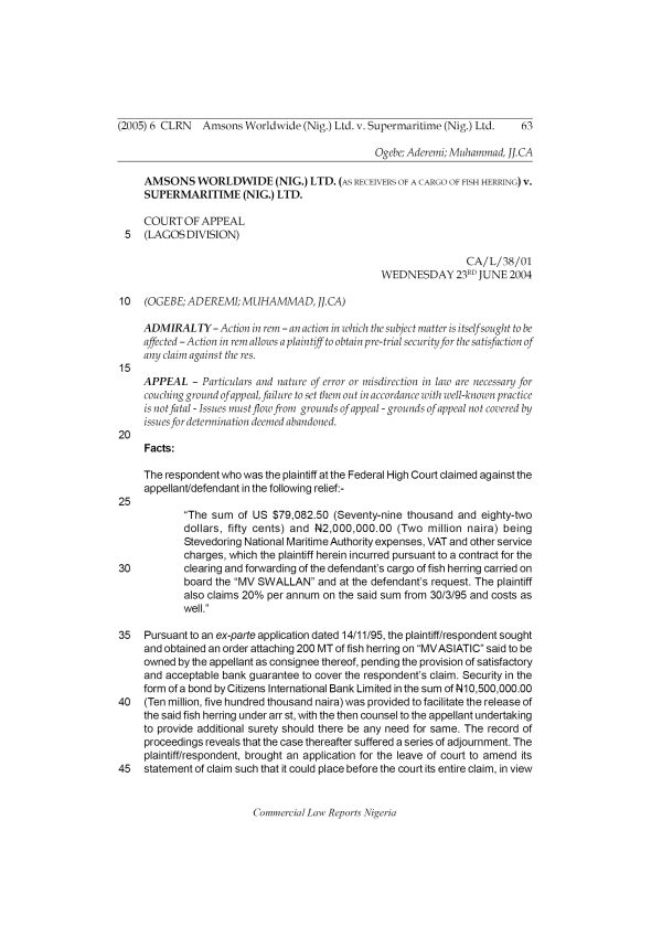 Amsons Worldwide (Nig.) Ltd. v. Supermaritime (Nig.) Ltd