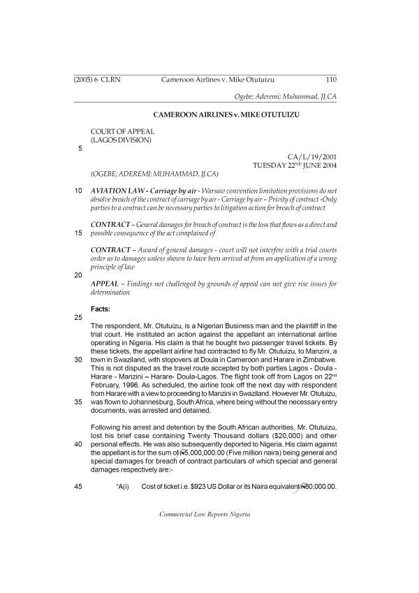 Cameroon Airlines v. Mike Otutuizu