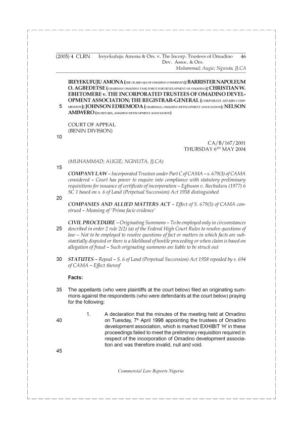 Ireyekufuju Amona & Ors v. The Incorporated Trustees of Omadino Dev. Association & Ors