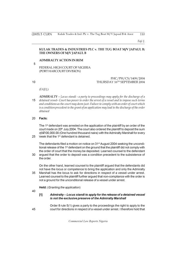 Kulak Trades & Ind. Plc v. The Tug Boat & Anor