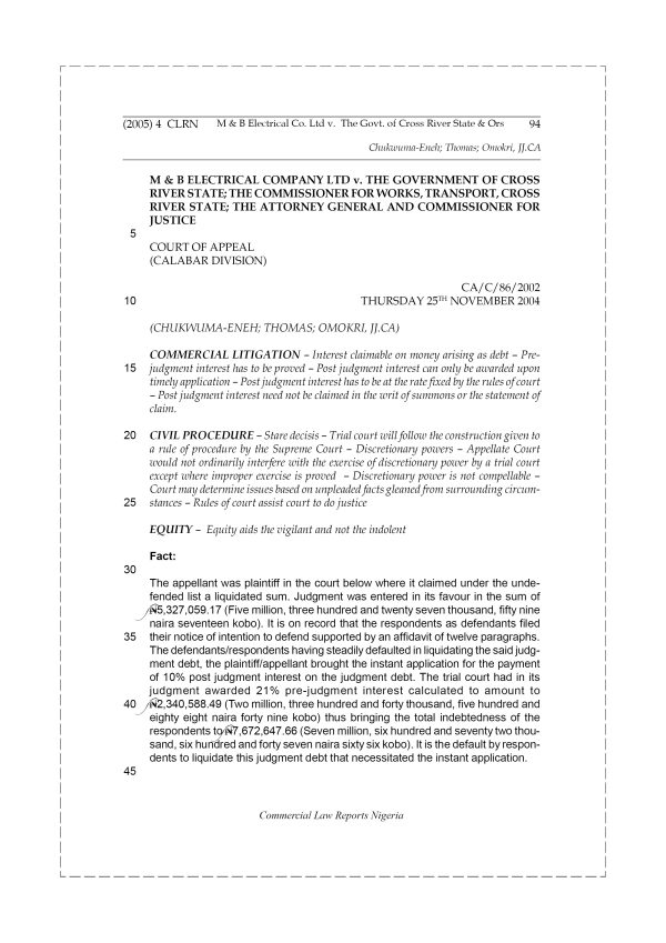 M & B Electrical Company Ltd v. The Government of Cross River State & Ors