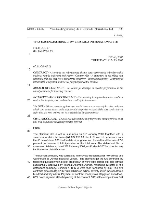 Viva-Das Engineering Ltd v. Creseada International Ltd