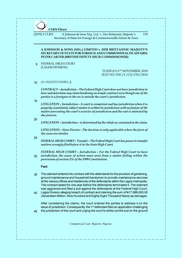 A JOHNSON & SONS NIG. LTD. v. HER BRITTANNIC MAJESTY’S SECRETARY OF STATE FOR FOREIGN & COMMONWEALTH AFFAIRS & ANOR.