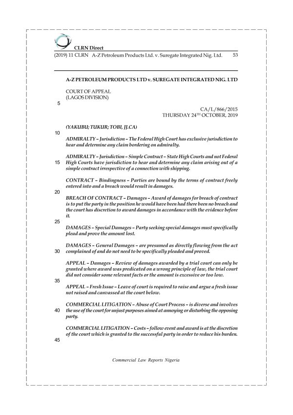 A-Z PETROLEUM PRODUCTS LTD v. SUREGATE INTEGRATED NIG. LTD.