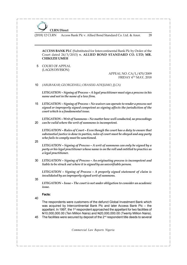 Access Bank Plc v. Allied Bond Standard Co. Ltd. & Anor.