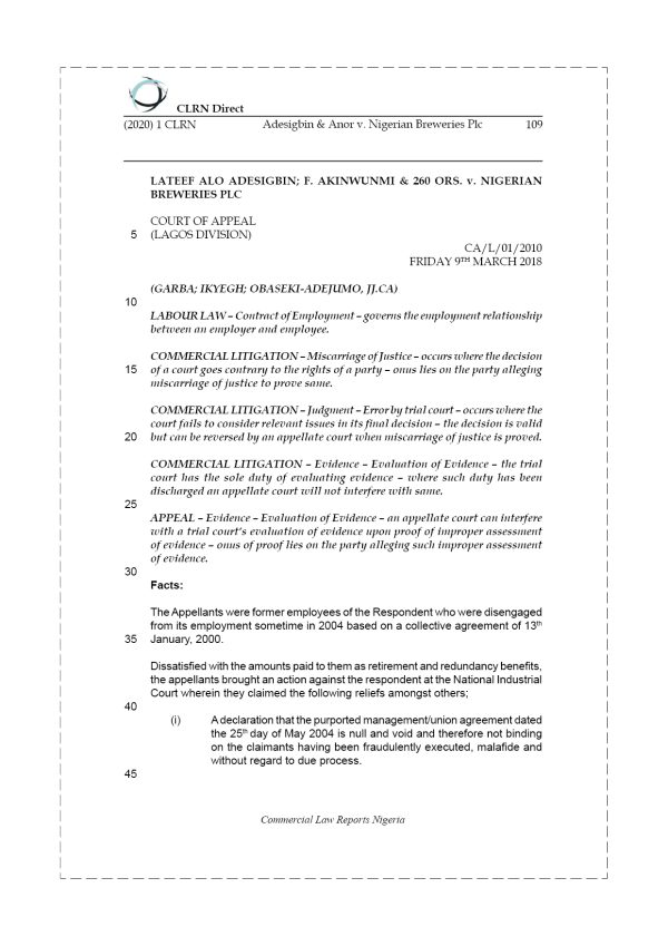 ADESIGBIN & ANOR v. NIGERIAN BREWERIES PLC