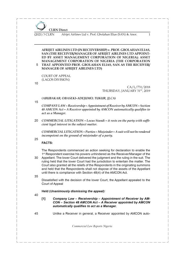AFRIJET AIRLINES LTD v. PROF. GBOLAHAN ELIAS (SAN)