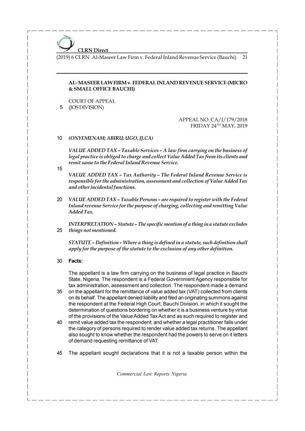 AL-MASEER LAW FIRM v. FEDERAL INLAND REVENUE SERVICE (BAUCHI)