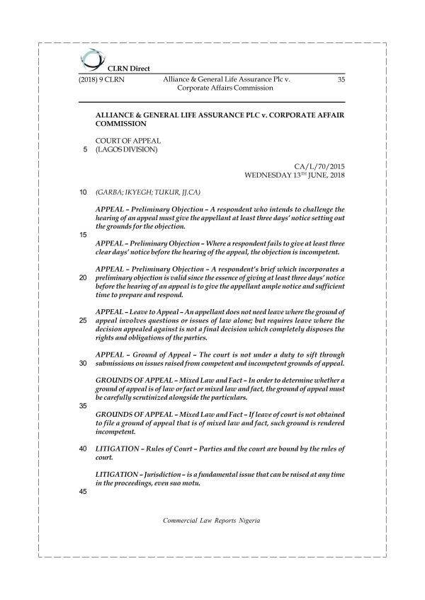 Alliance & General Life Assurance Plc v. Corporate Affairs Commission