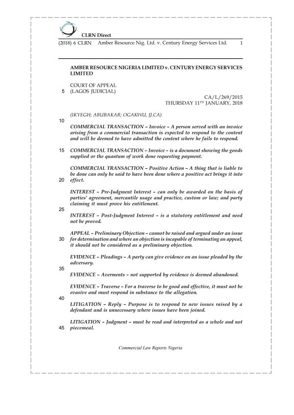 Amber Resource Nig. Ltd. v. Century Energy Services Ltd.