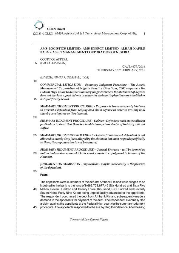 AMS Logistics Ltd & 2 Ors. v. Asset Management Corp. of Nig.