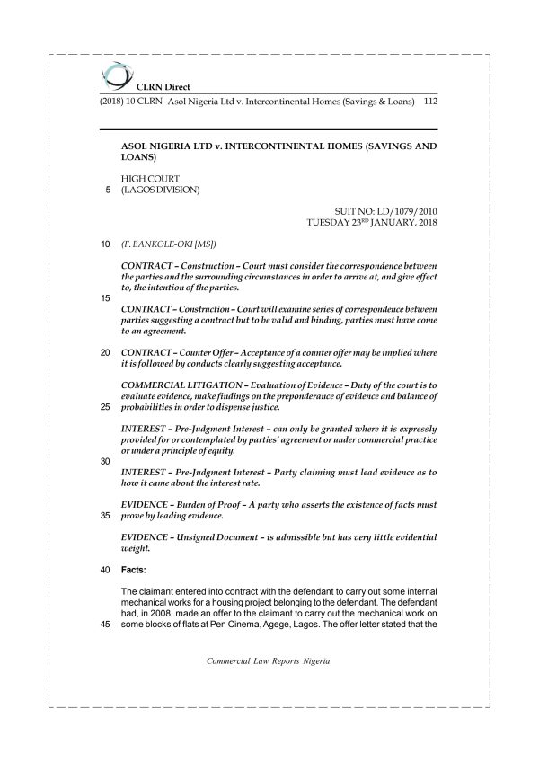 Asol Nigeria Ltd v. Intercontinental Homes (Savings & Loans)