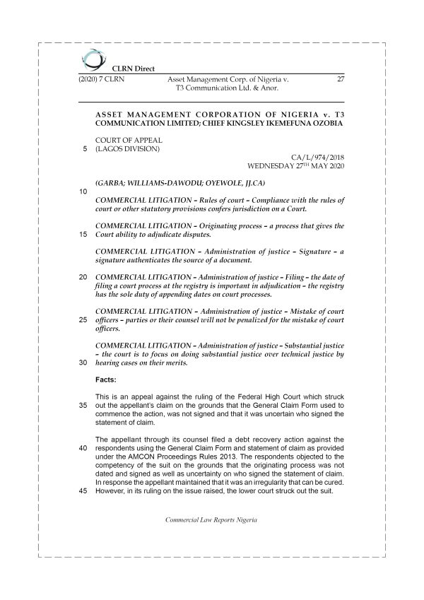 ASSET MANAGEMENT CORP. OF NIGERIA v. T3 COMMUNICATION LTD. & ANOR