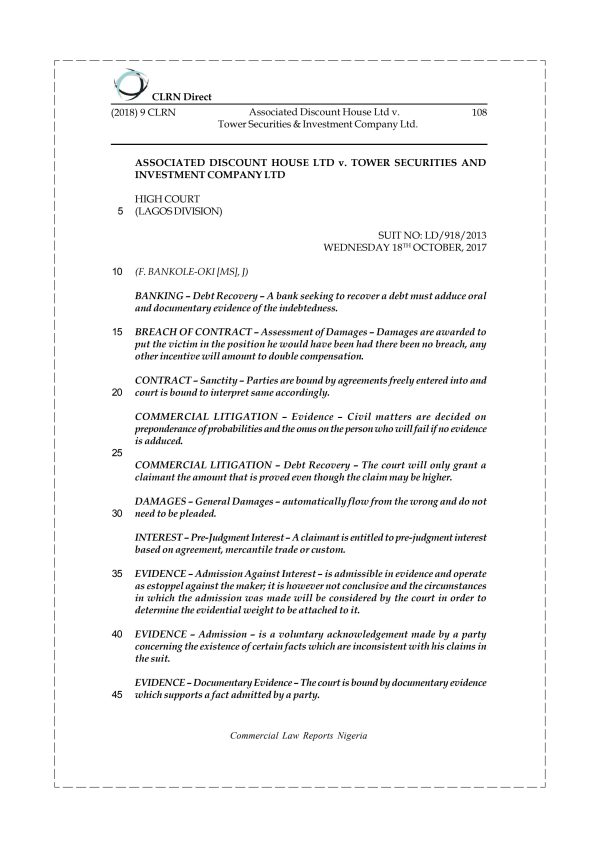 Associated Discount House Ltd v. Tower Securities & Investment Company Ltd.