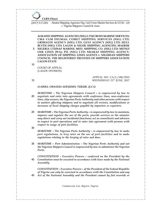 Alraine Shipping Agencies Nig. Ltd. Cross Marine Services & 12 Ors v. Nigeria Shippers Council & Anor.