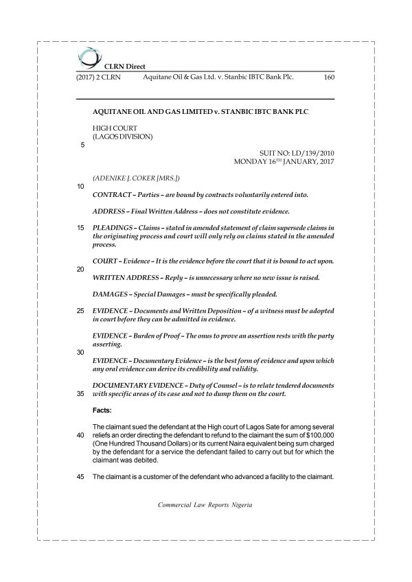 Aquitane Oil & Gas Ltd. v. Stanbic IBTC Bank Plc.