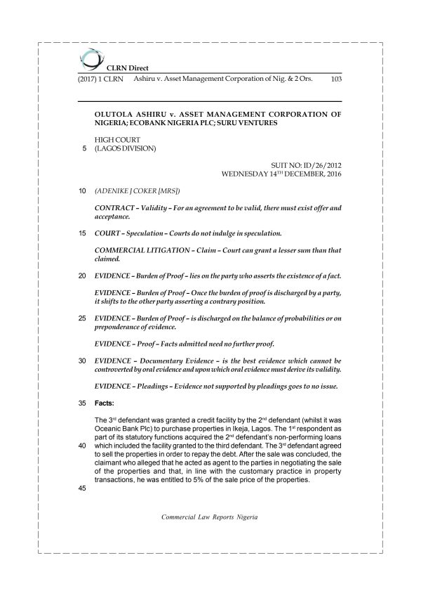 Ashiru v. Asset Management Corporation of Nig. & 2 Ors.