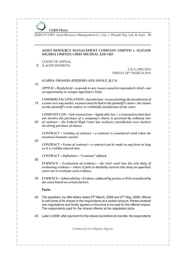 Asset Resource Management Co. Ltd. v. Elizade Nig. Ltd. & Anor.