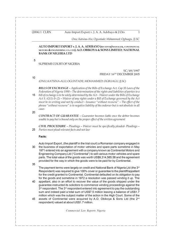Auto Import Export v. J. A. A. Adebayo & 2 Ors