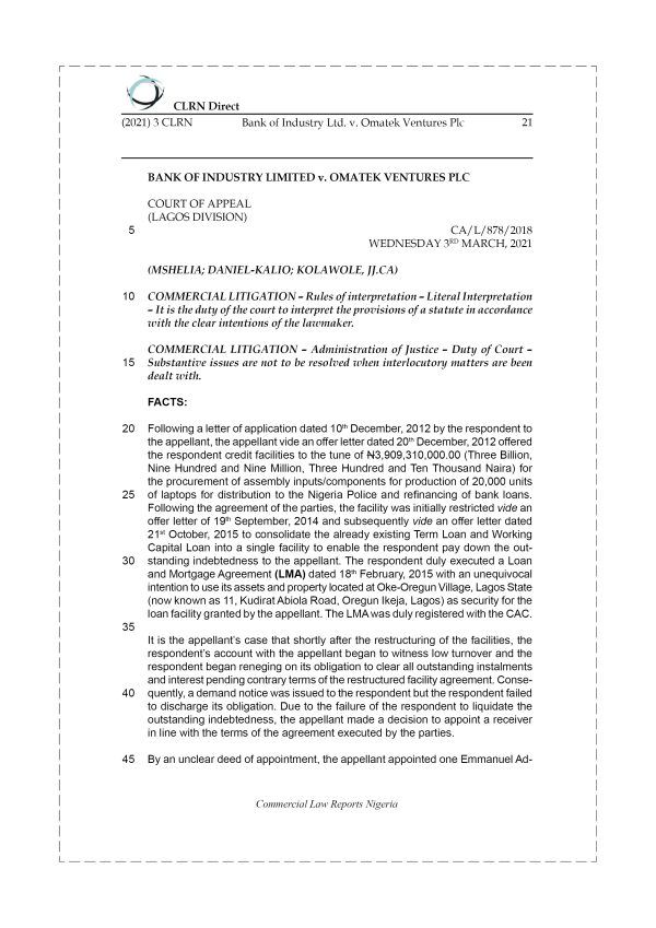 BANK OF INDUSTRY LTD. v. OMATEK VENTURES PLC