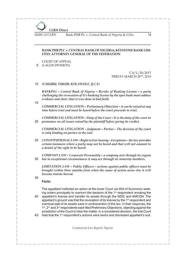 BANK PHB PLC v. CENTRAL BANK OF NIGERIA & 2 ORS.