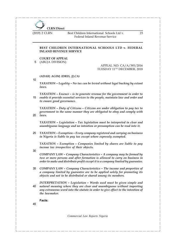 BEST CHILDREN INTERNATIONAL SCHOOLS LTD v. FEDERAL INLAND REVENUE SERVICE