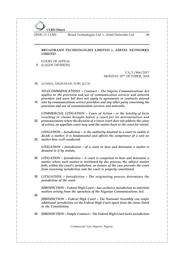 Broad Technologies Ltd. v. Airtel Networks Ltd.