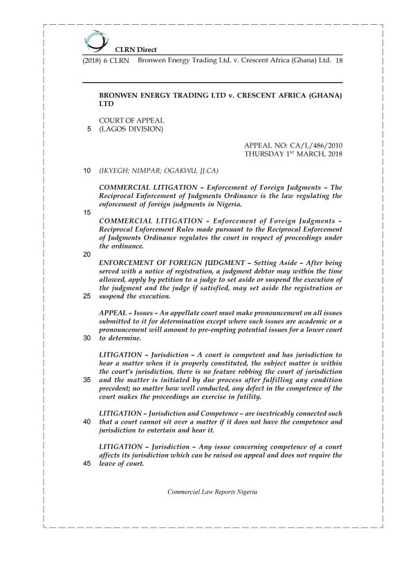 Bronwen Energy Trading Ltd. v. Crescent Africa (Ghana) Ltd.