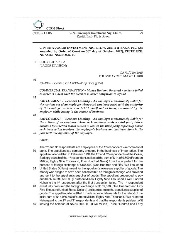C.N. Ekwuogor Investment Nig. Ltd. v. Zenith Bank Plc & Anor.
