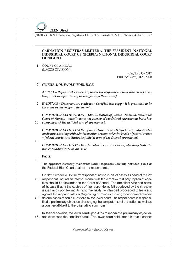 CARNATION REGISTRARS LTD v. THE PRESIDENT, N.I.C. OF NIGERIA & ANOR.