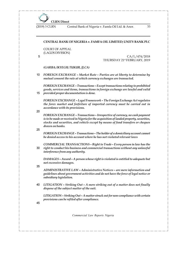CENTRAL BANK OF NIGERIA v. FAMFA OIL LIMITED & ANOR.