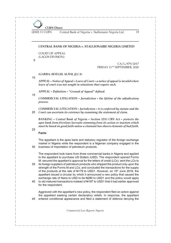 CENTRAL BANK OF NIGERIA v. STALLIONAIRE NIGERIA LTD.