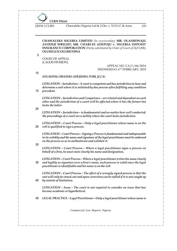 CHAWALEKS NIGERIA LIMITED  & 2 ORS. v. NIGERIA DEPOSIT INSURANCE CORPORATION