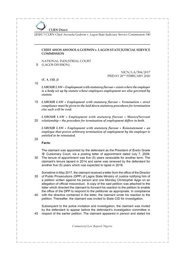 CHIEF AWOSOLA GODWIN v. LAGOS STATE JUDICIARY SERVICE COMMISSION