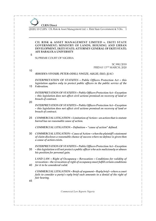 CIL RISK & ASSET MANAGEMENT LTD. v. EKITI STATE GOVERNMENT & 3 ORS.