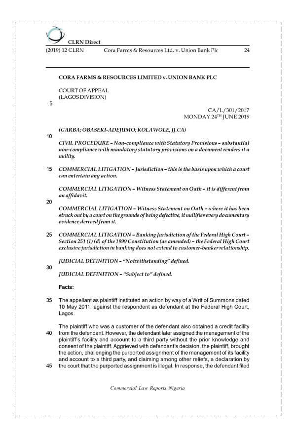 CORA FARMS & RESOURCES LTD. v. UNION BANK PLC