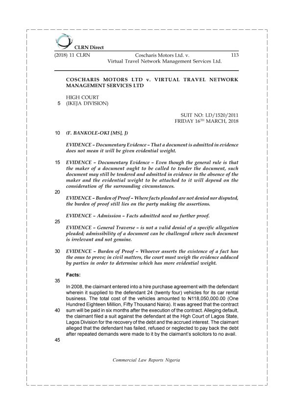 Coscharis Motors Ltd. v. Virtual Travel Network Management Services Ltd
