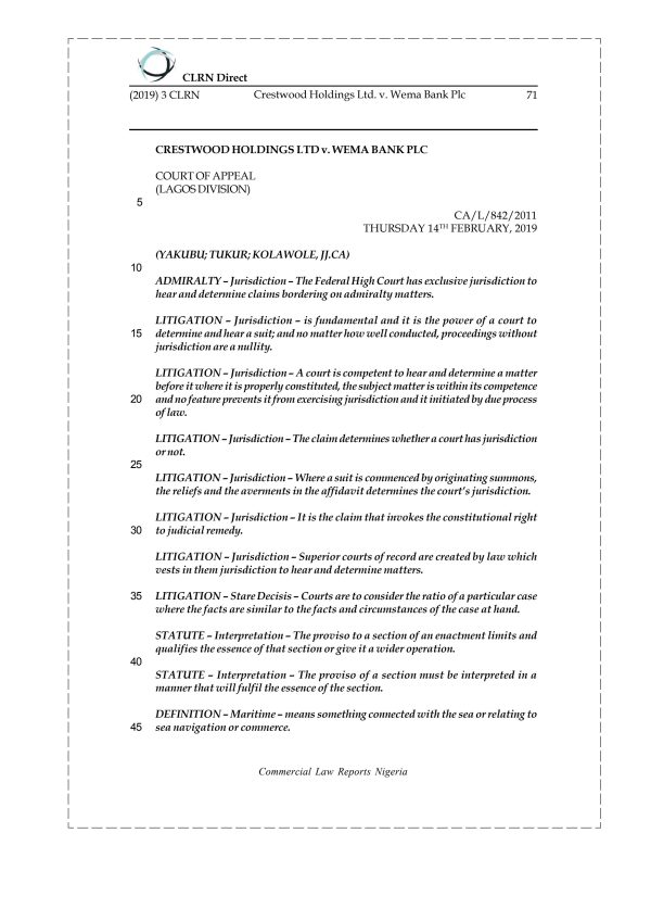 CRESTWOOD HOLDINGS LTD v. WEMA BANK PLC.