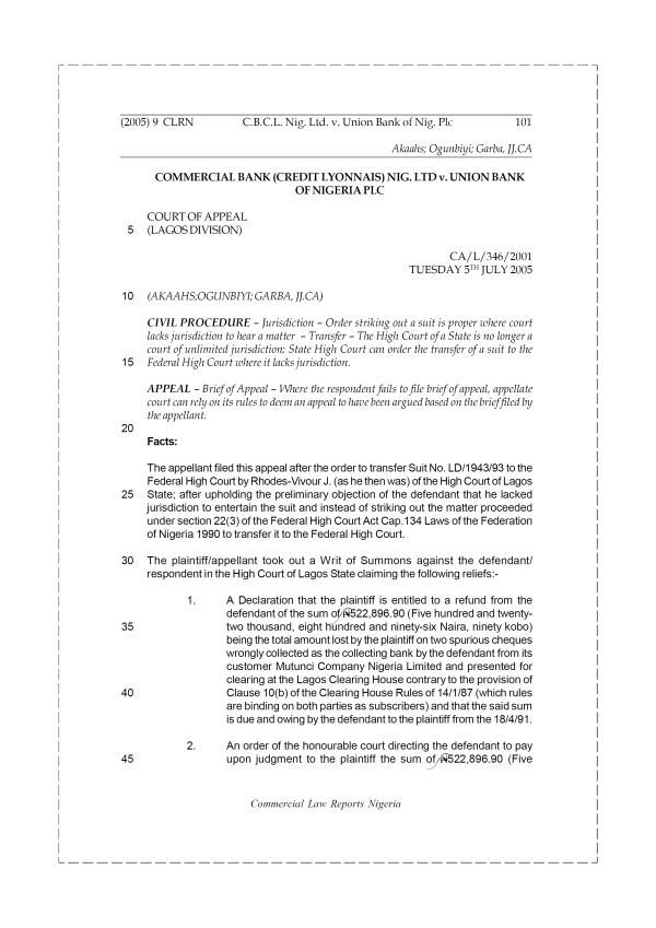 Comm. Bank (Credit Lyonnais) Nig. Ltd v. Union Bank of Nig. Plc