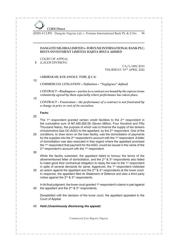 DANGOTE NIGERIA LTD. v. FORTUNE INTERNATIONAL BANK PLC & 2 ORS.